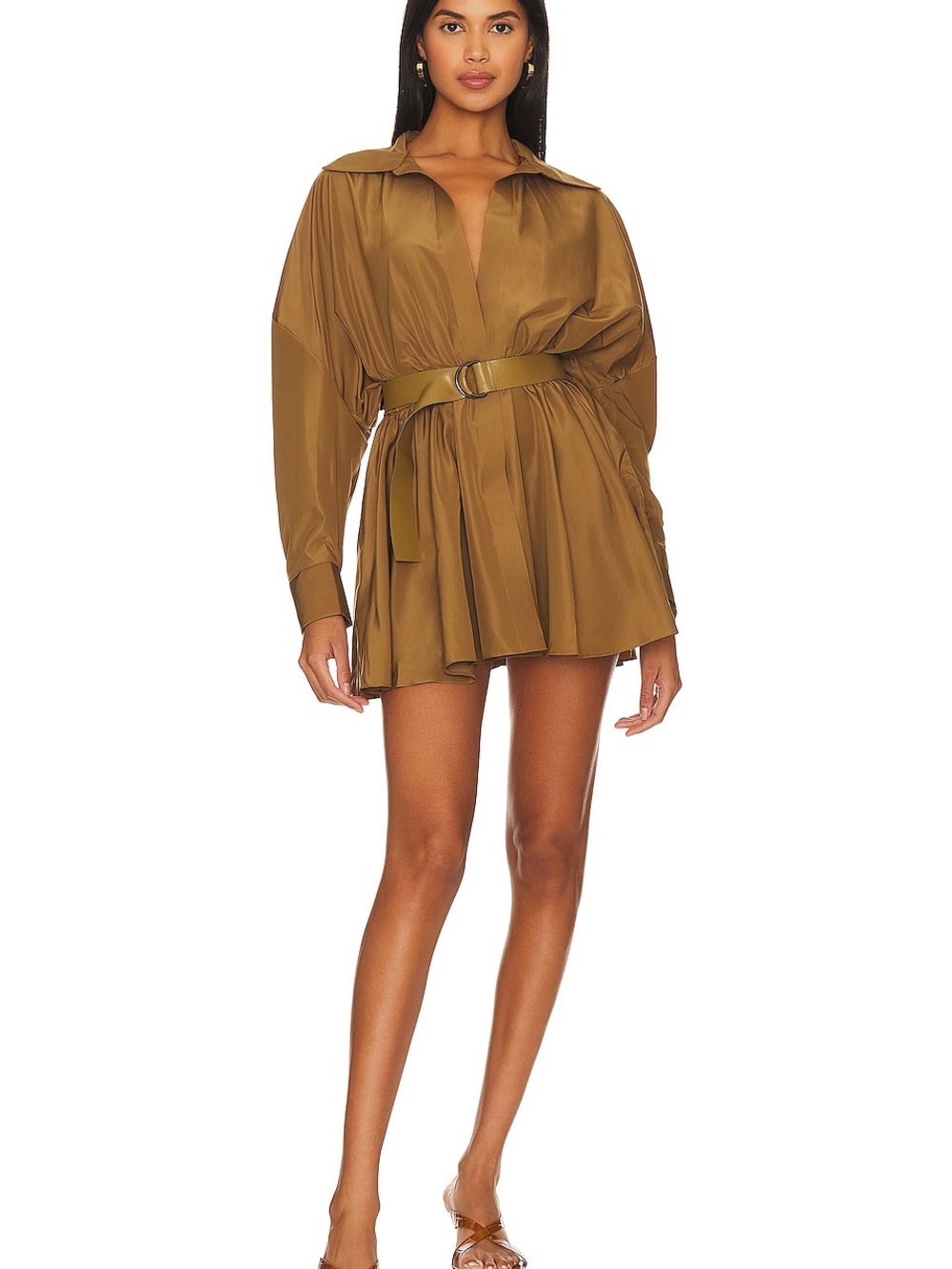 Norma Kamali Tan Belted Mini Shirt Dress